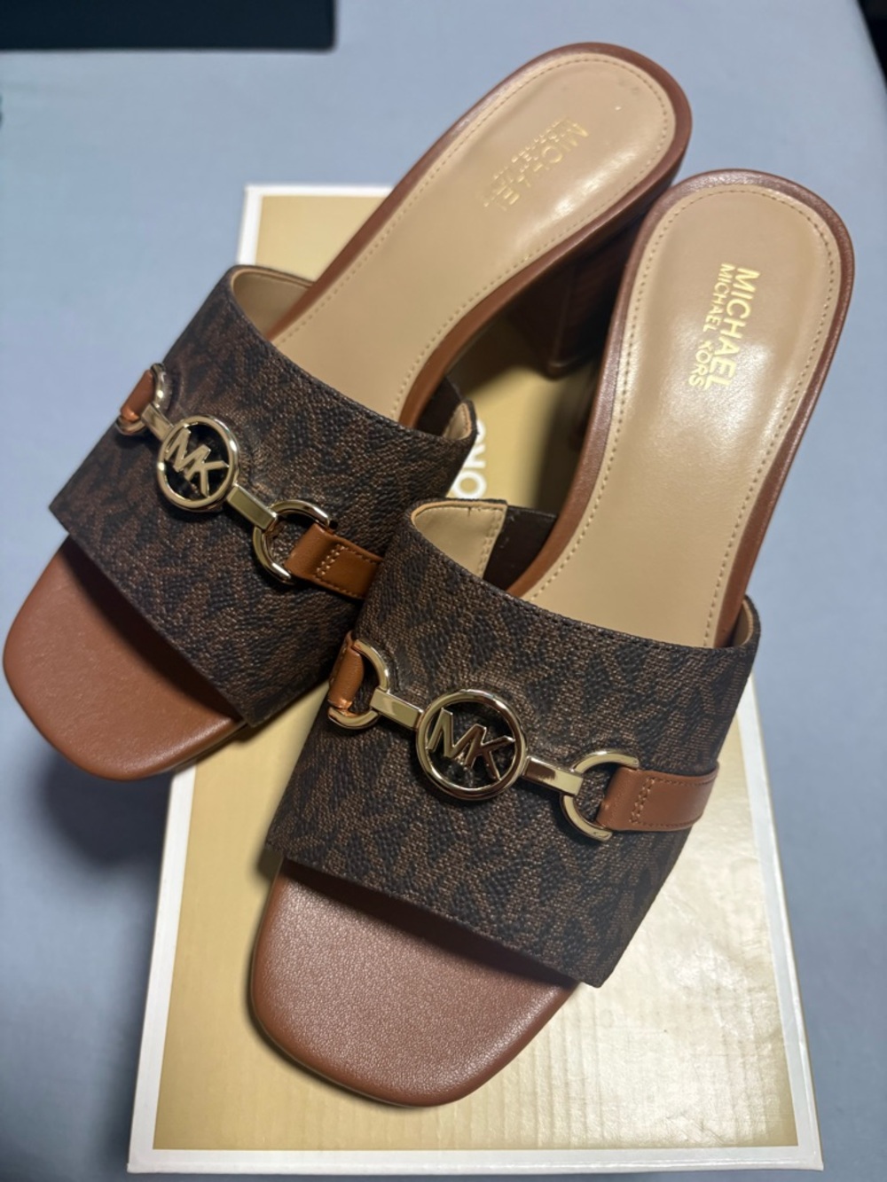 Michael Kors-  Brown Logo Mule Slides with Gold-Tone MK Hardware - Picture 3 of 11